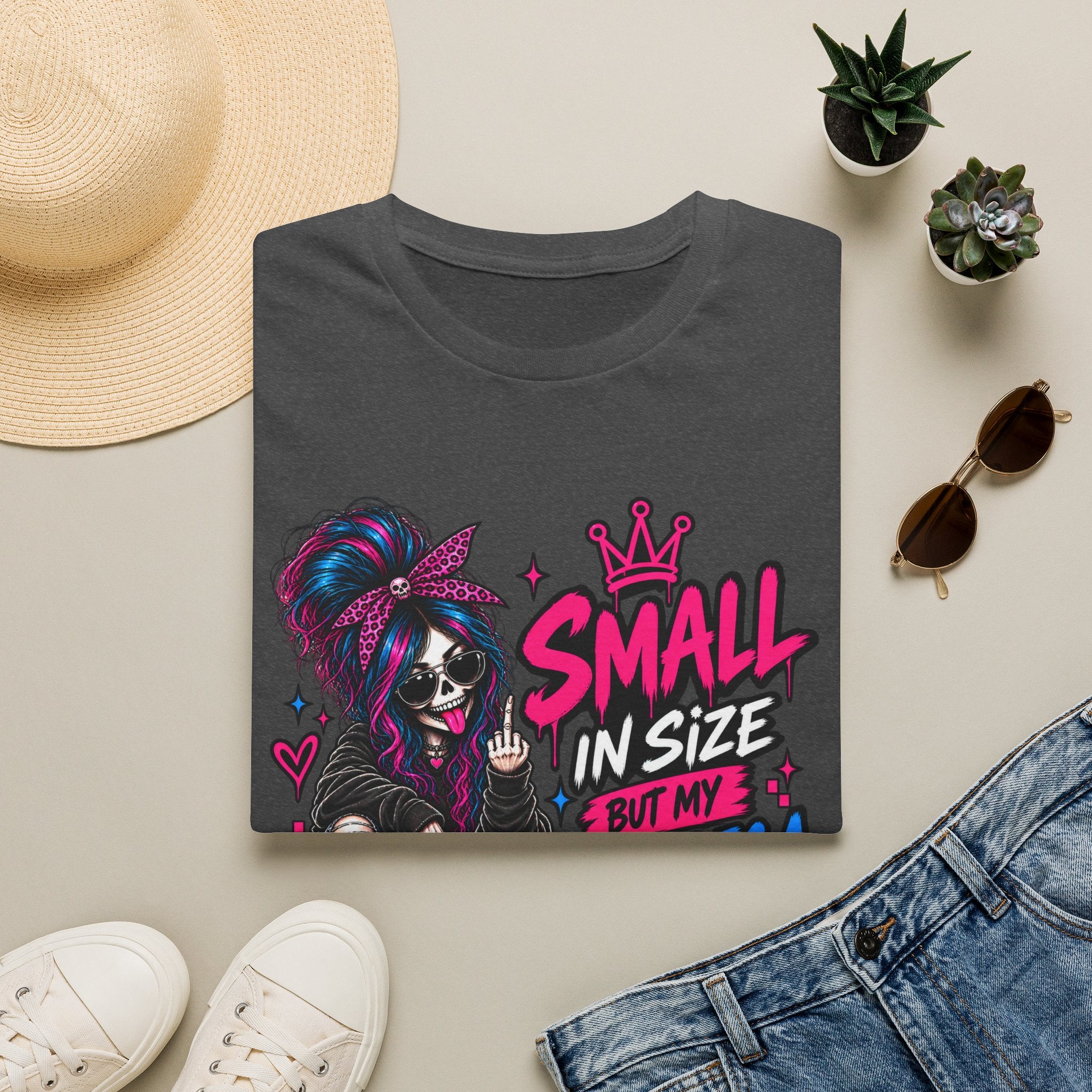 Small in Size But My Attitude’s a Surprise T-Shirt | Goth Skeleton Girl Graphic Tee | Alternative Dark Humor Shirt