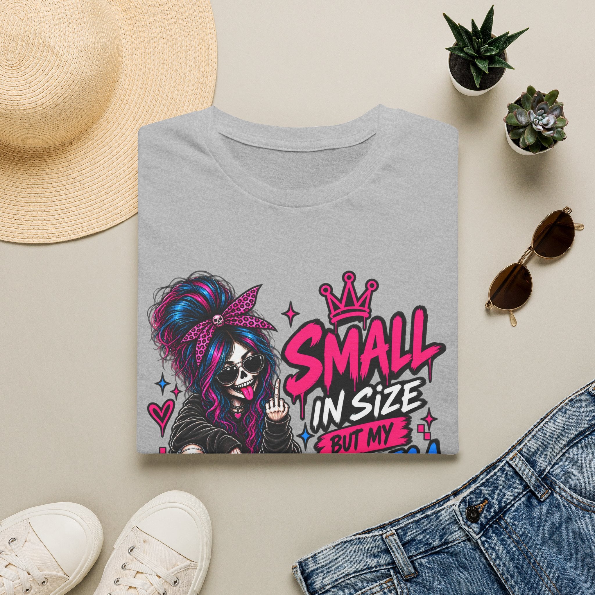 Small in Size But My Attitude’s a Surprise T-Shirt | Goth Skeleton Girl Graphic Tee | Alternative Dark Humor Shirt