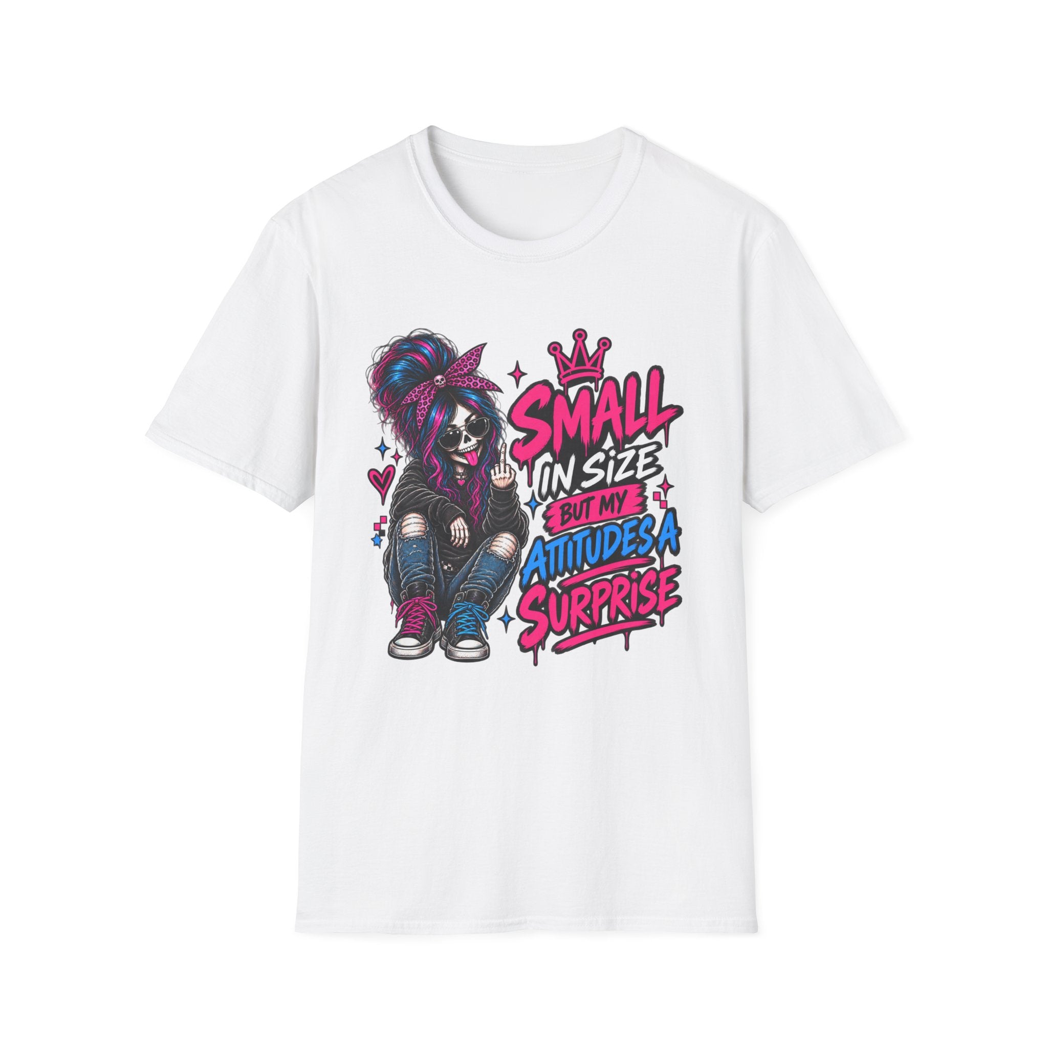Small in Size But My Attitude’s a Surprise T-Shirt | Goth Skeleton Girl Graphic Tee | Alternative Dark Humor Shirt