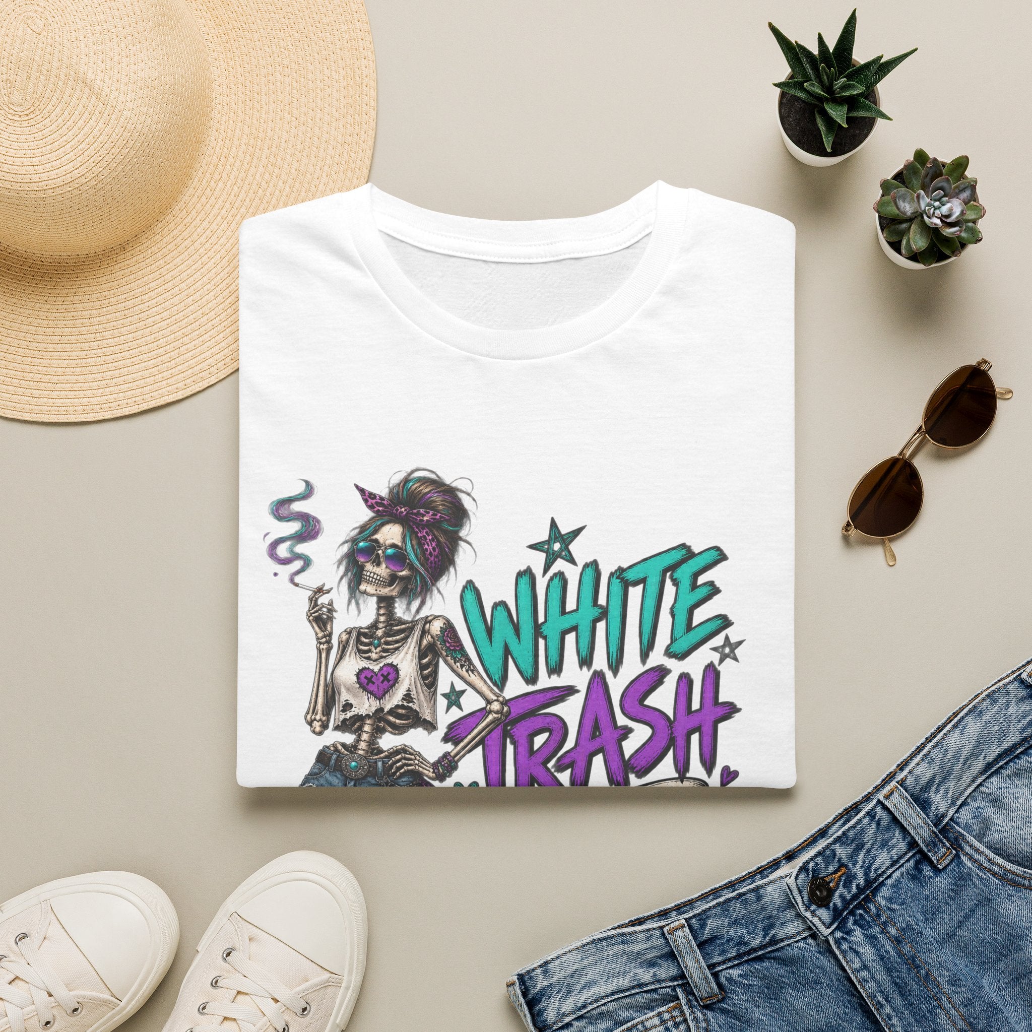 White Trash But Still Breathing – Teal & Purple Skeleton Graphic Tee