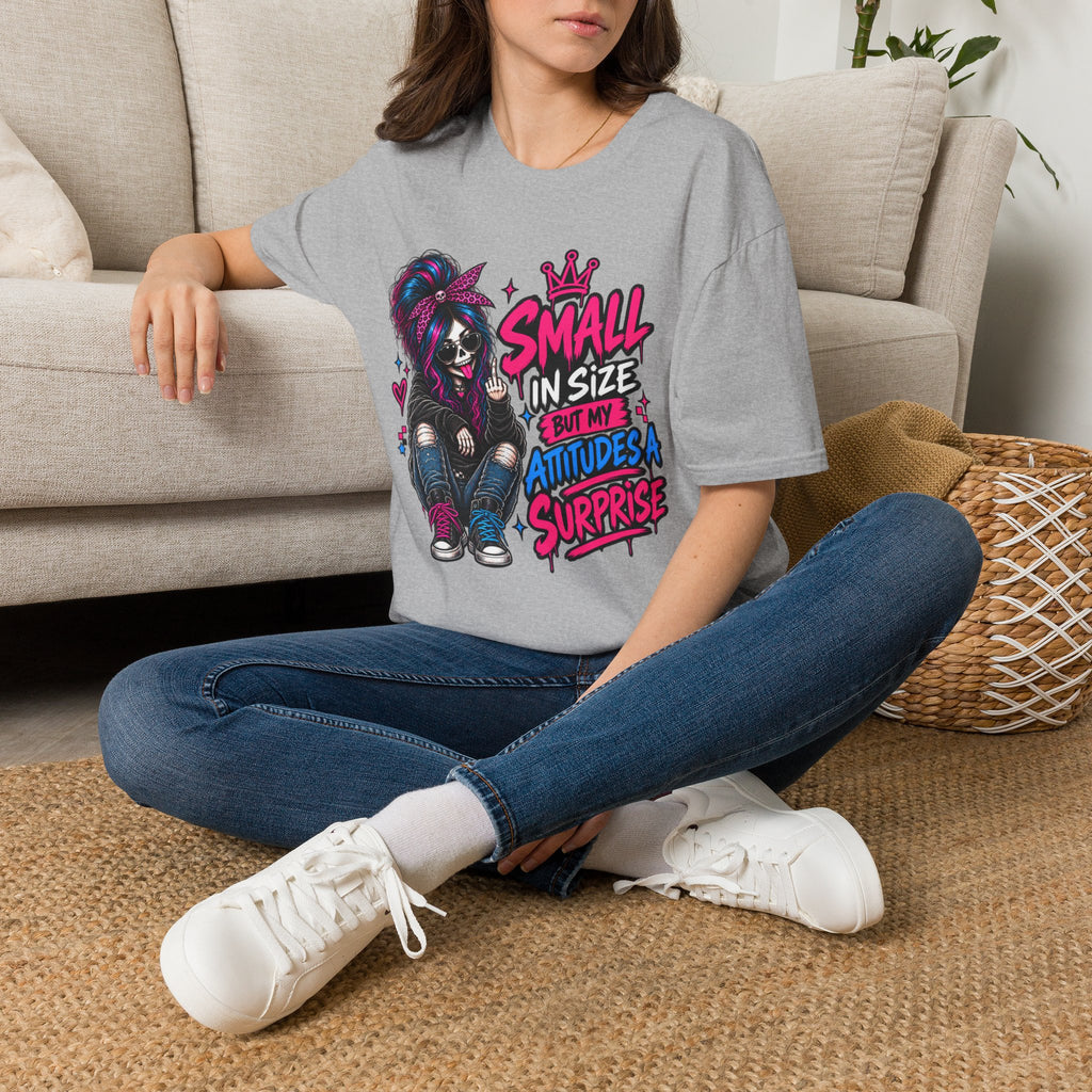 Small in Size But My Attitude’s a Surprise T-Shirt | Goth Skeleton Girl Graphic Tee | Alternative Dark Humor Shirt