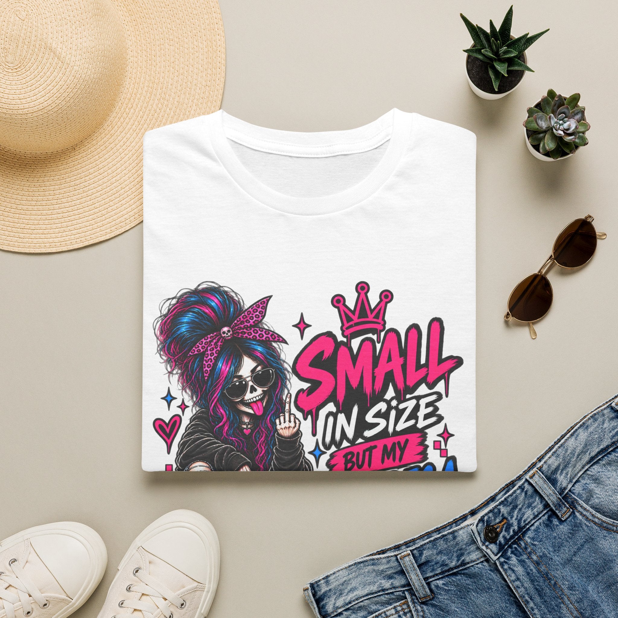 Small in Size But My Attitude’s a Surprise T-Shirt | Goth Skeleton Girl Graphic Tee | Alternative Dark Humor Shirt