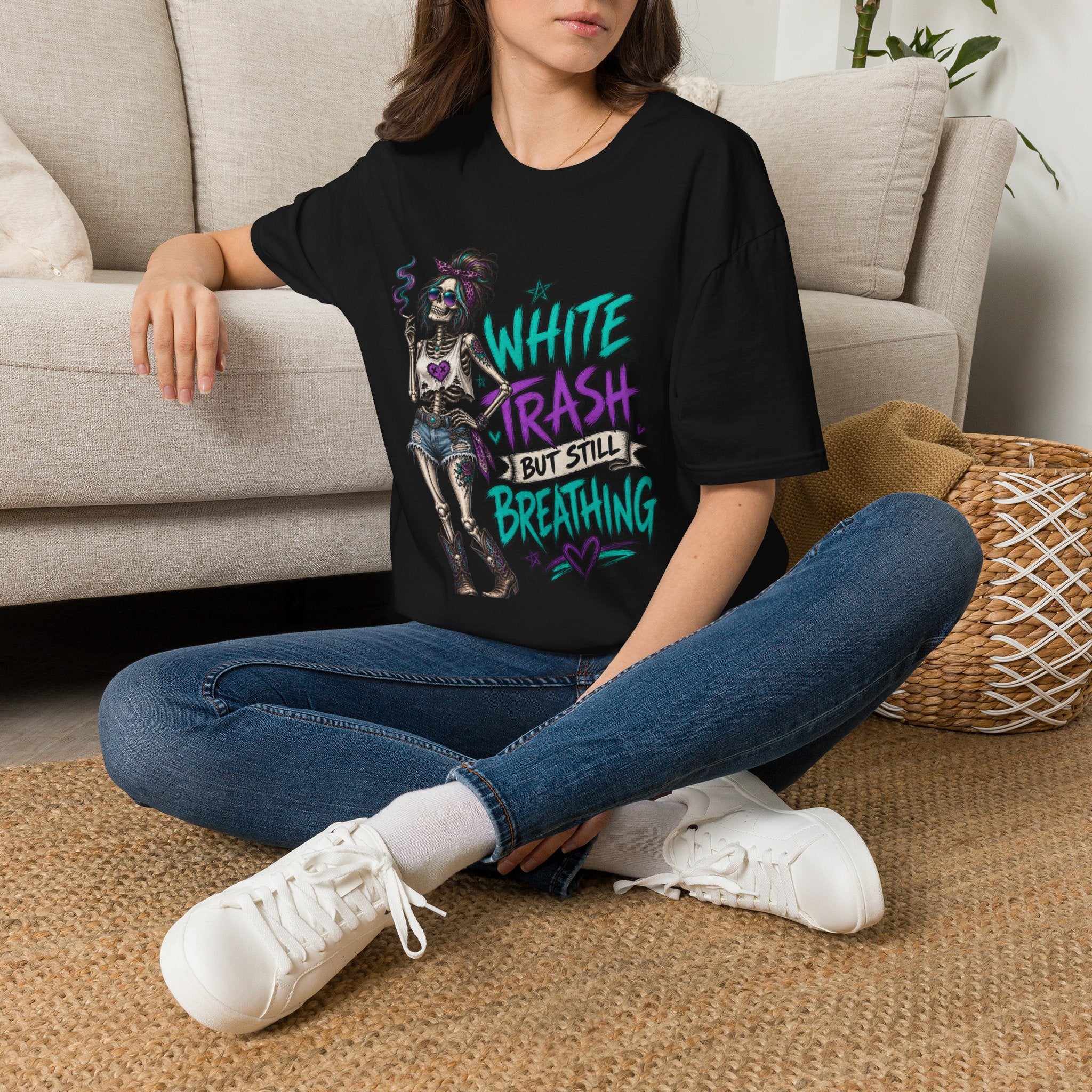 White Trash But Still Breathing – Teal & Purple Skeleton Graphic Tee
