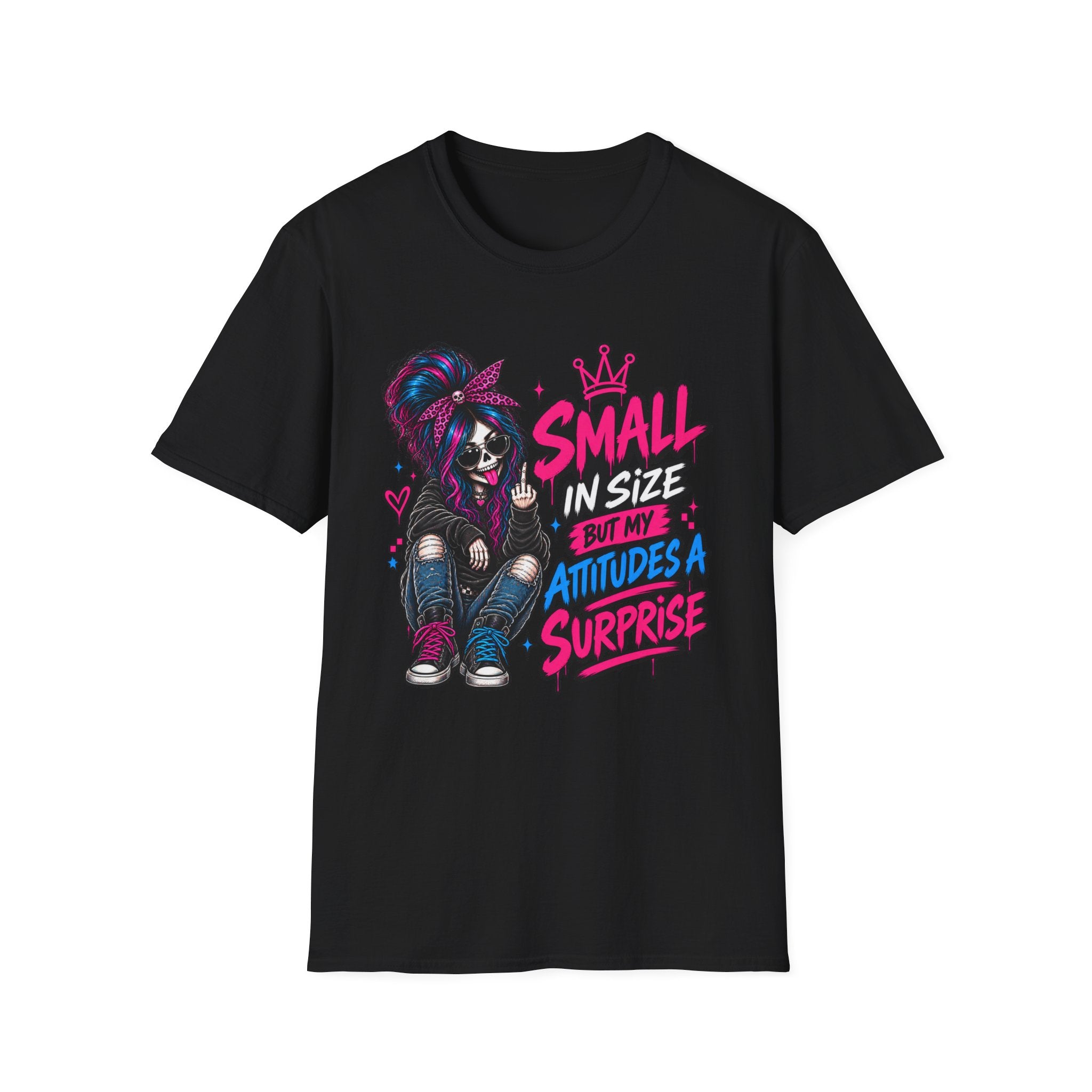 Small in Size But My Attitude’s a Surprise T-Shirt | Goth Skeleton Girl Graphic Tee | Alternative Dark Humor Shirt