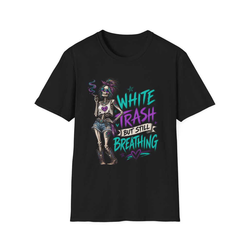 White Trash But Still Breathing – Teal & Purple Skeleton Graphic Tee