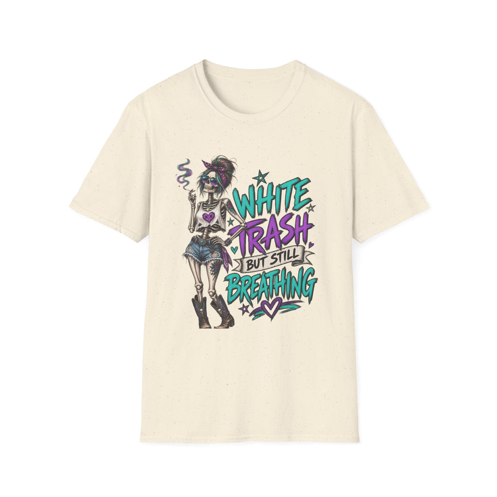 White Trash But Still Breathing – Teal & Purple Skeleton Graphic Tee