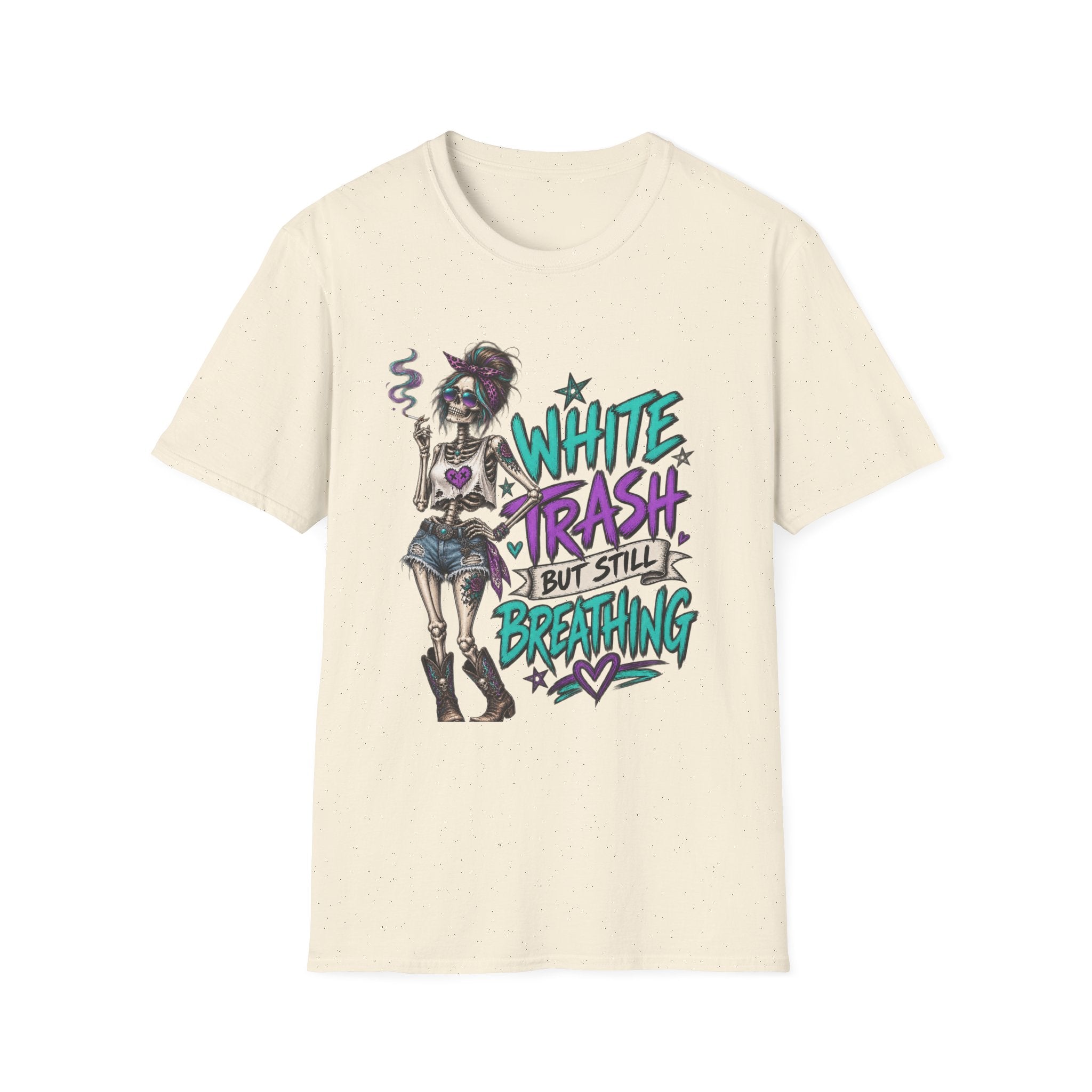 White Trash But Still Breathing – Teal & Purple Skeleton Graphic Tee
