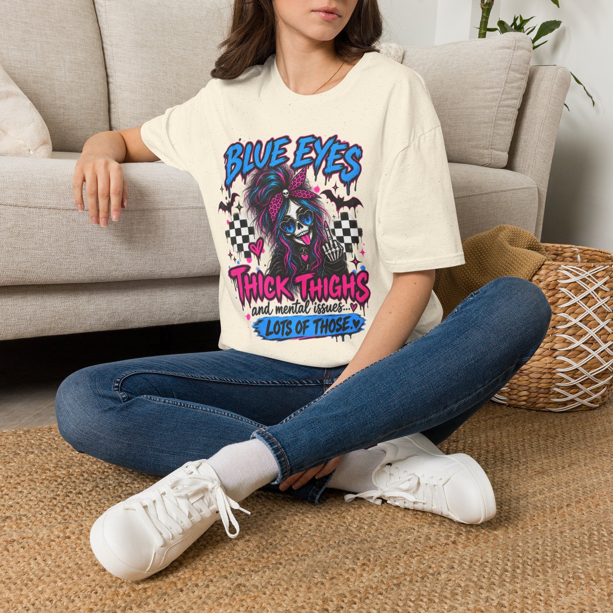 Blue Eyes, Thick Thighs & Mental Issues T-Shirt | Gothic Dark Humor Graphic Tee