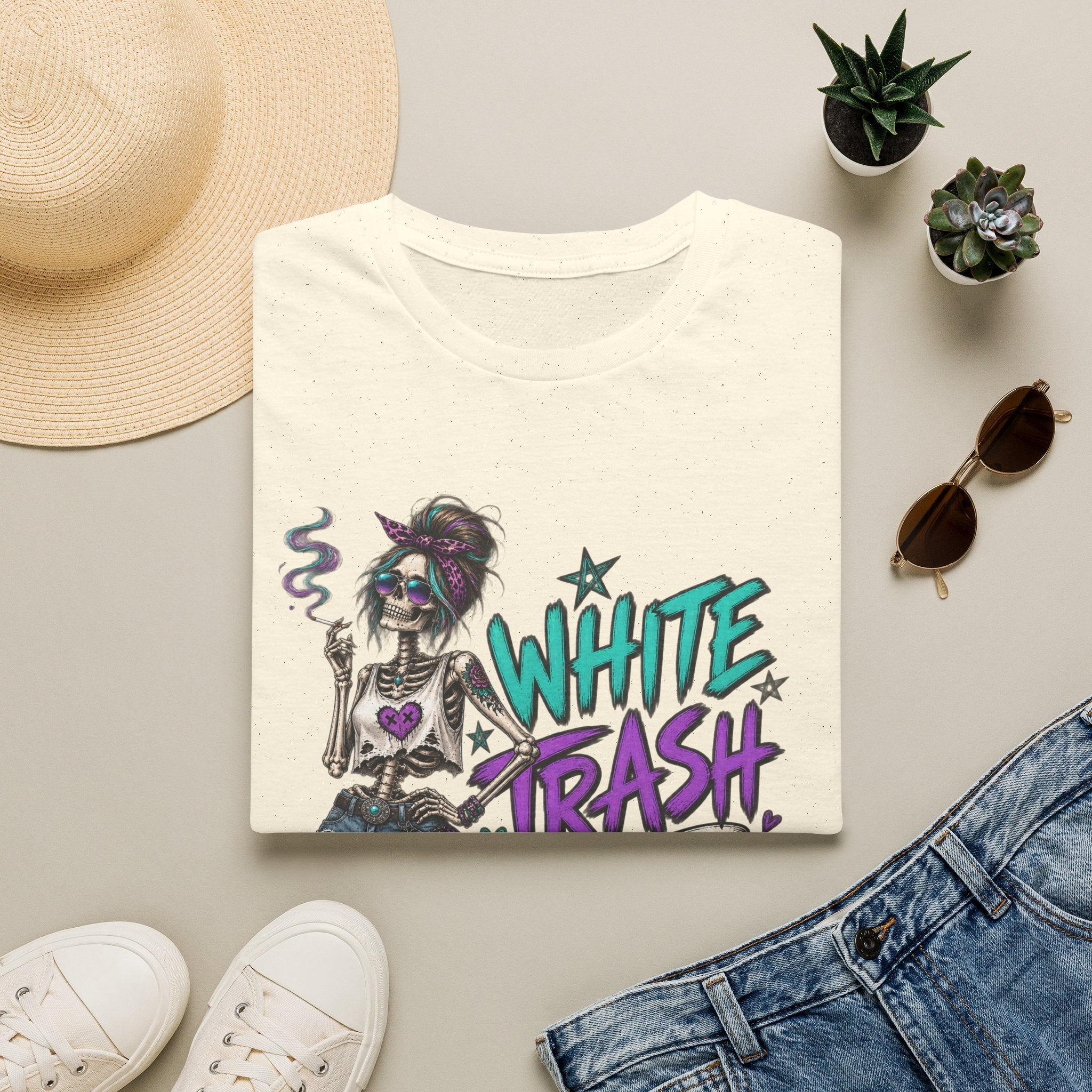 White Trash But Still Breathing – Teal & Purple Skeleton Graphic Tee