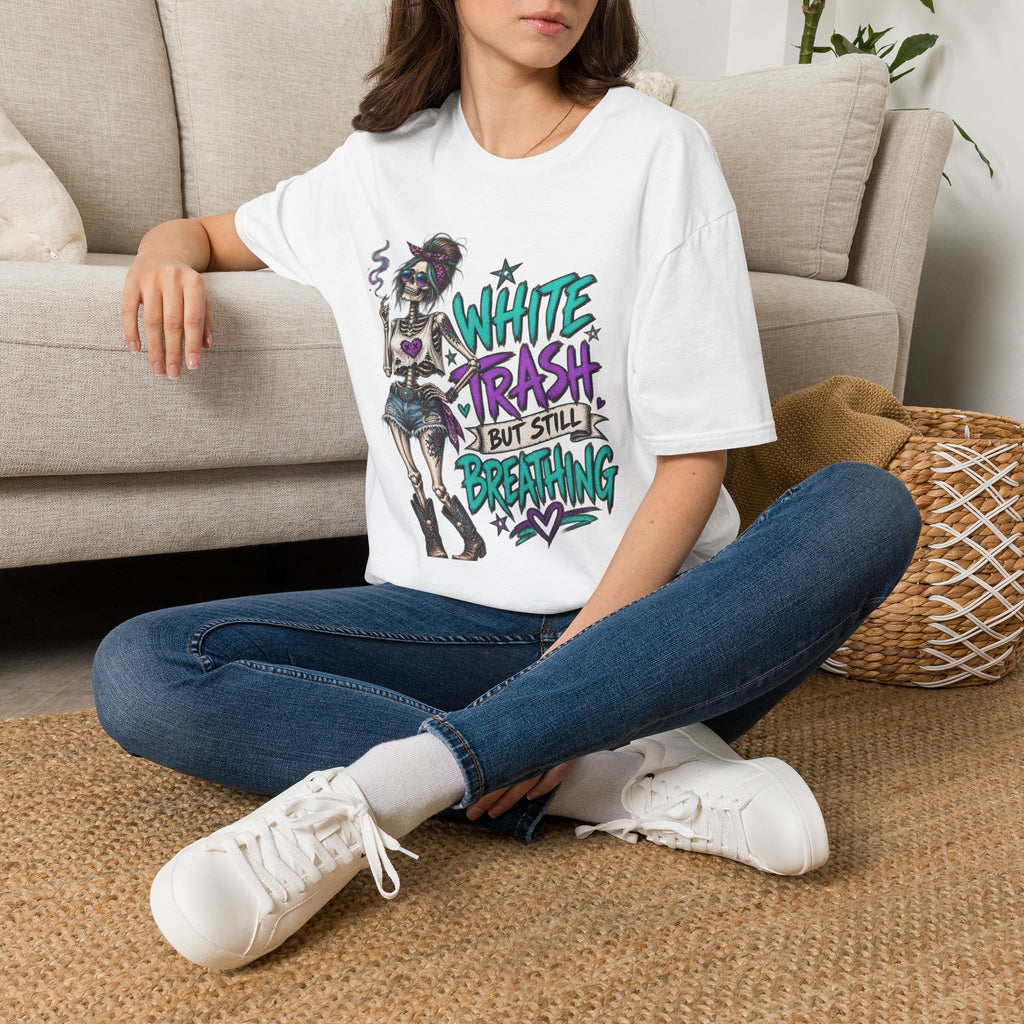 White Trash But Still Breathing – Teal & Purple Skeleton Graphic Tee