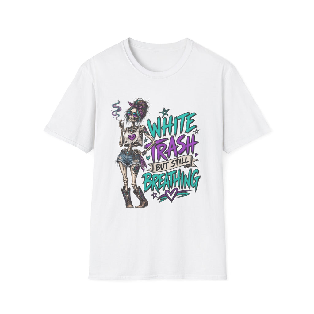 White Trash But Still Breathing – Teal & Purple Skeleton Graphic Tee