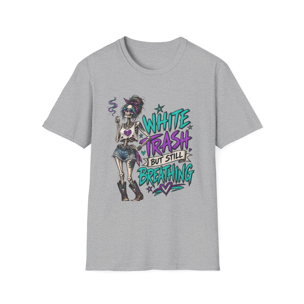 White Trash But Still Breathing – Teal & Purple Skeleton Graphic Tee