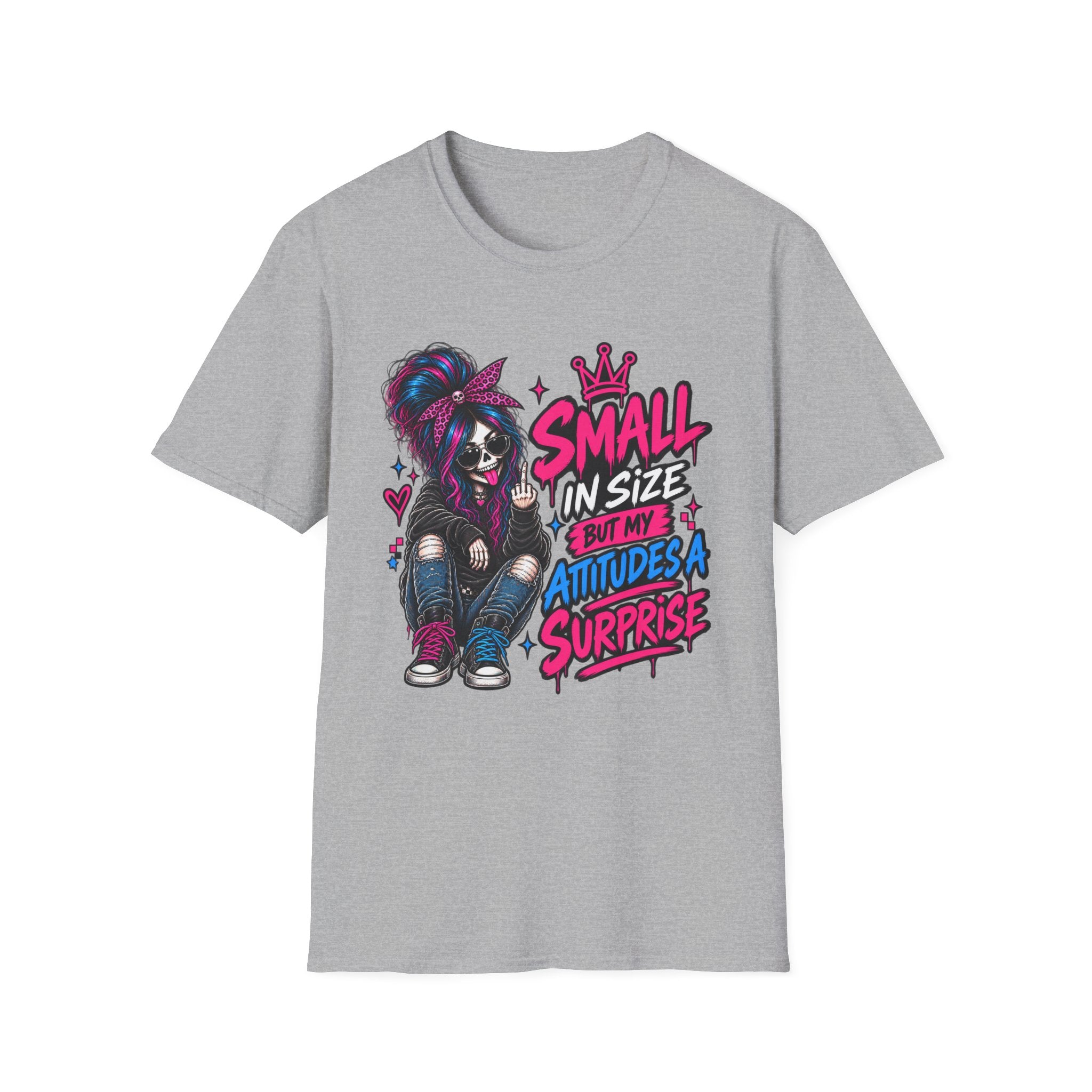 Small in Size But My Attitude’s a Surprise T-Shirt | Goth Skeleton Girl Graphic Tee | Alternative Dark Humor Shirt