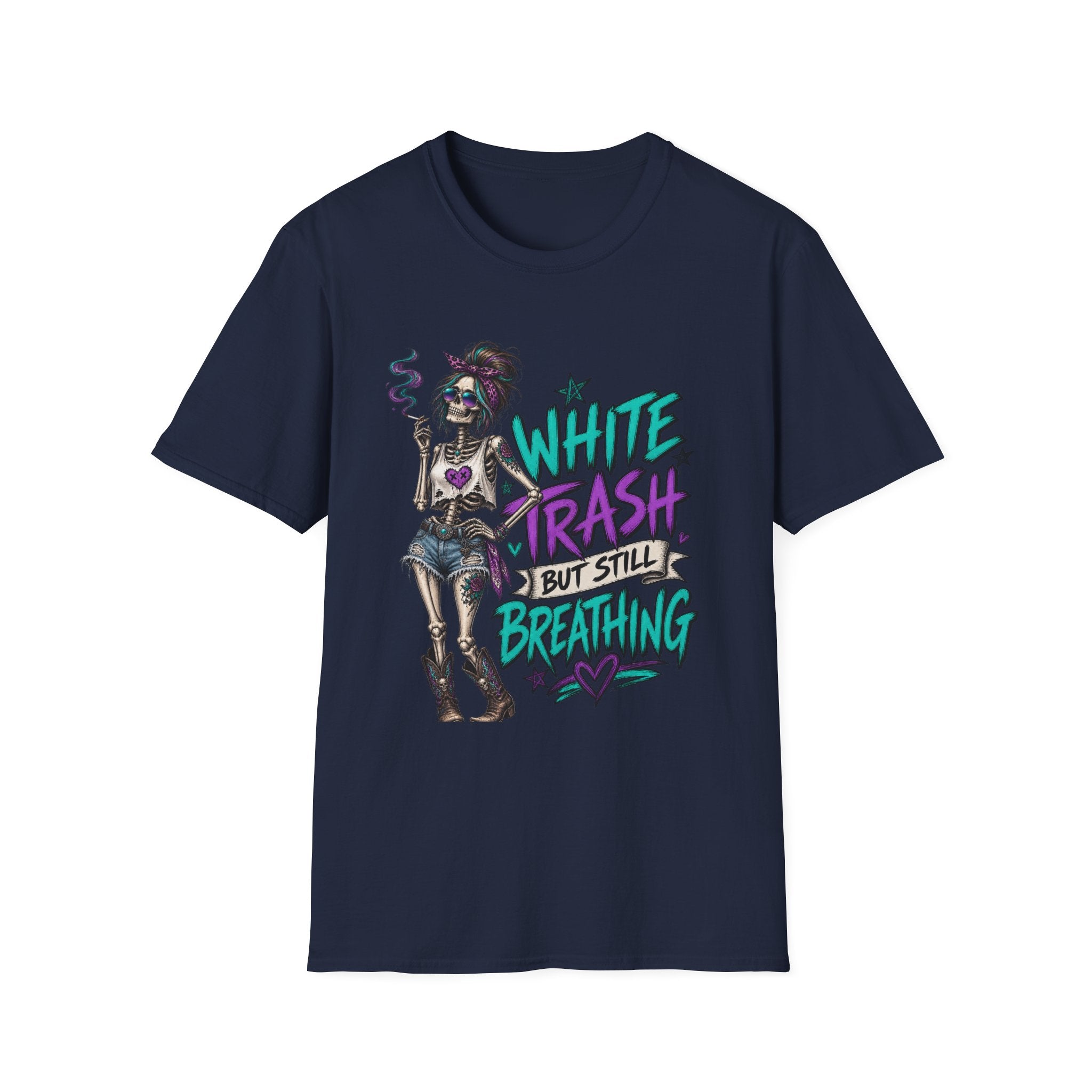 White Trash But Still Breathing – Teal & Purple Skeleton Graphic Tee