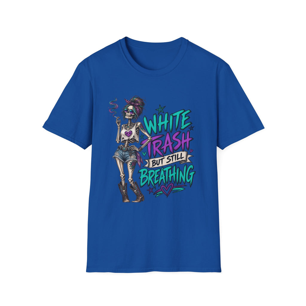 White Trash But Still Breathing – Teal & Purple Skeleton Graphic Tee