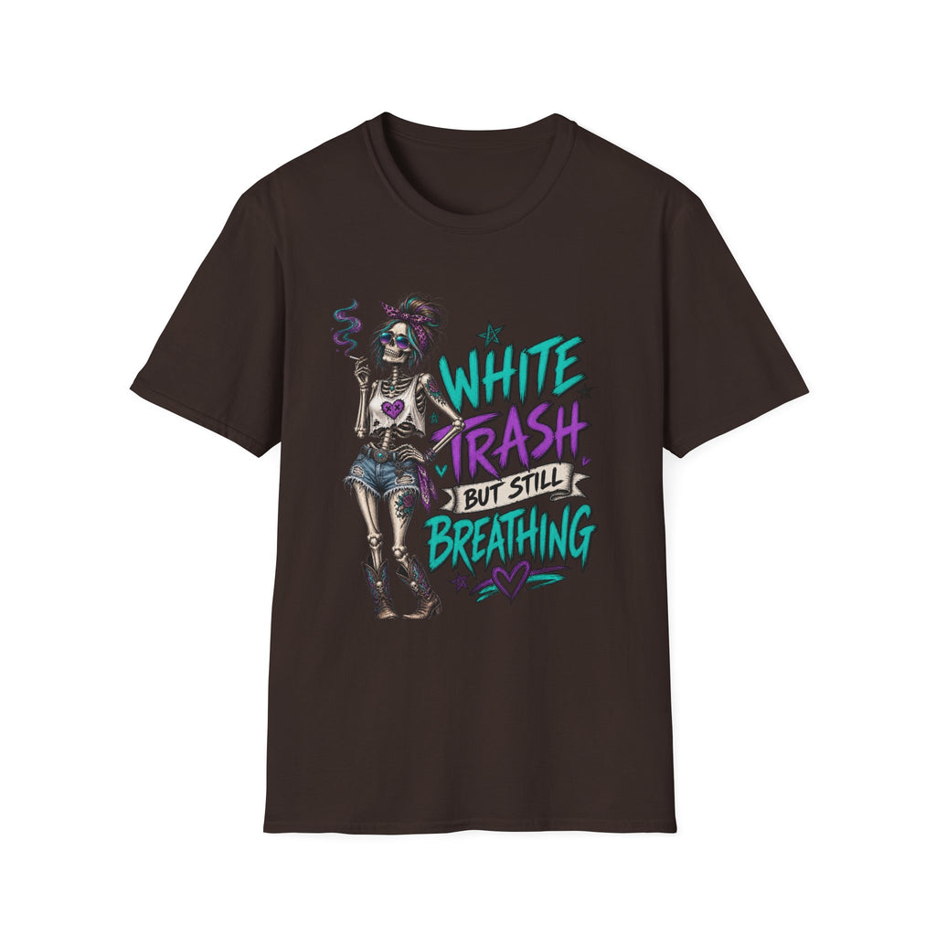 White Trash But Still Breathing – Teal & Purple Skeleton Graphic Tee