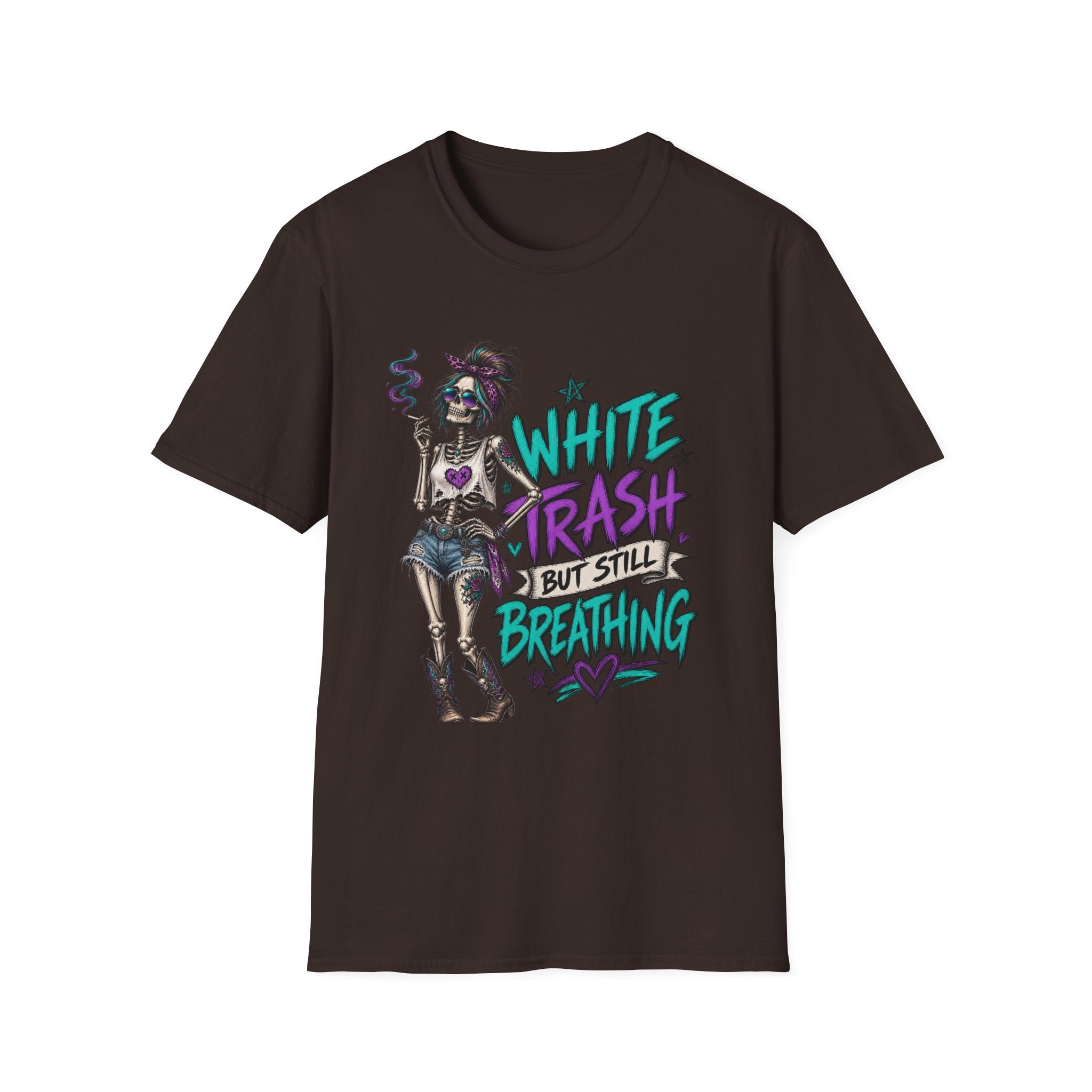 White Trash But Still Breathing – Teal & Purple Skeleton Graphic Tee