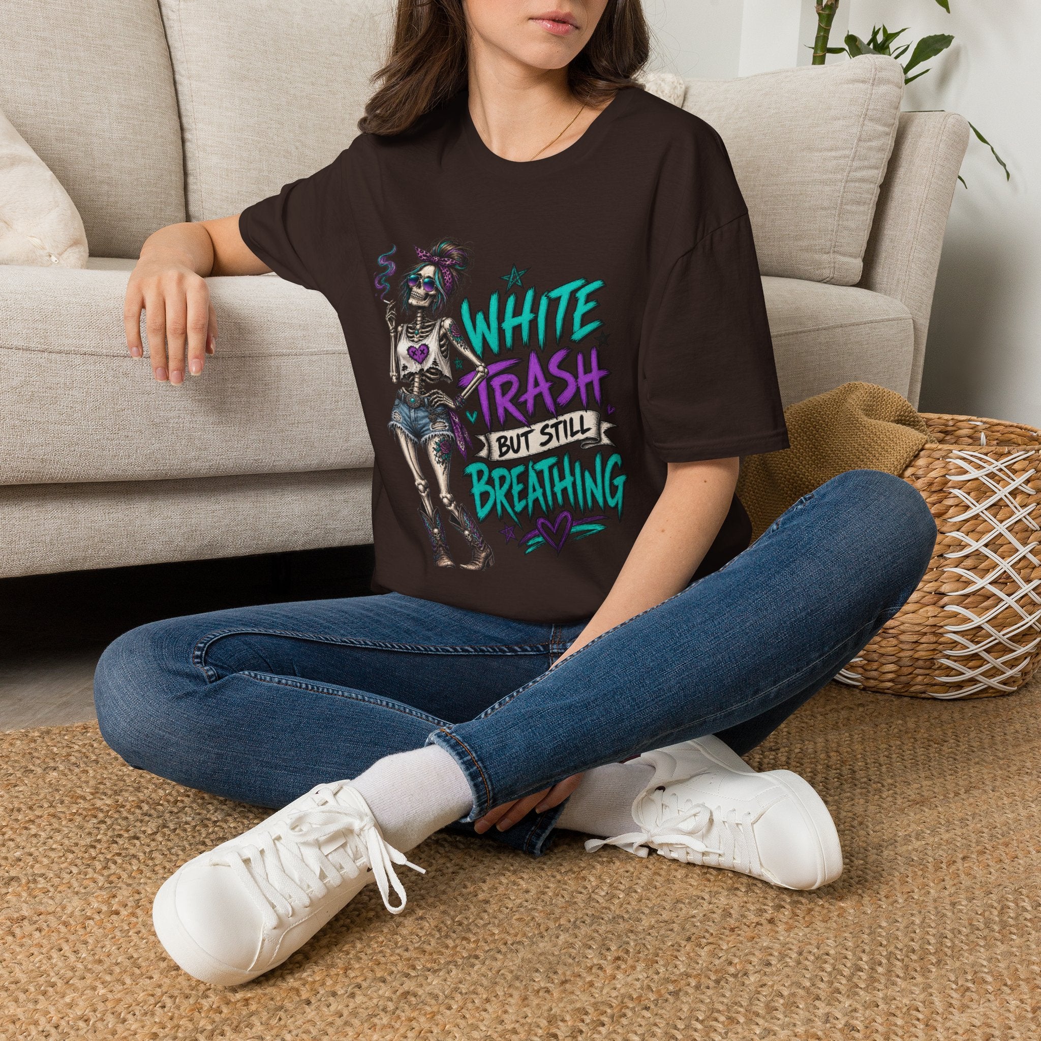 White Trash But Still Breathing – Teal & Purple Skeleton Graphic Tee