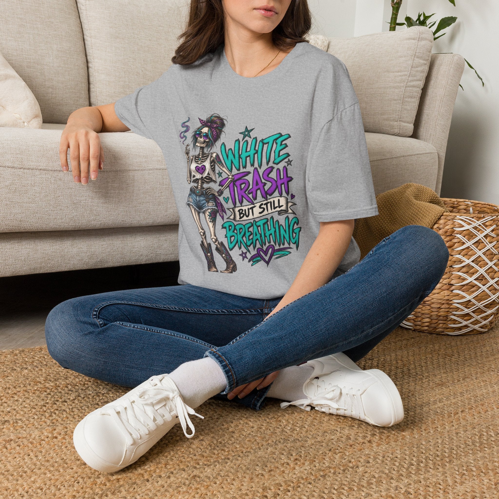 White Trash But Still Breathing – Teal & Purple Skeleton Graphic Tee