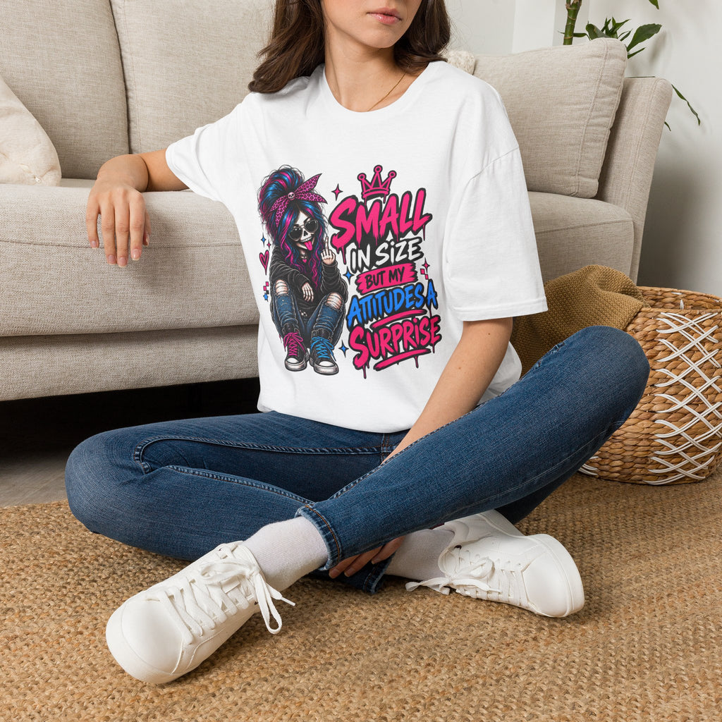 Small in Size But My Attitude’s a Surprise T-Shirt | Goth Skeleton Girl Graphic Tee | Alternative Dark Humor Shirt