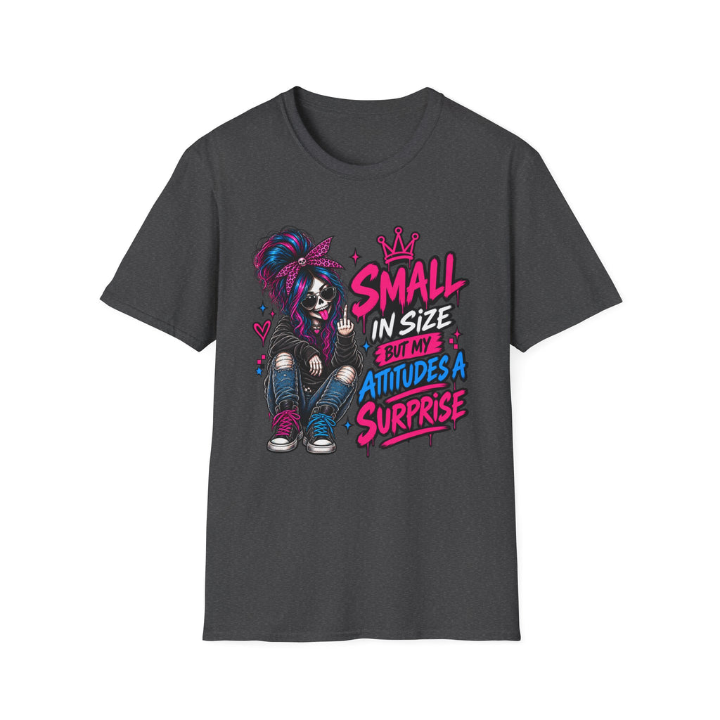 Small in Size But My Attitude’s a Surprise T-Shirt | Goth Skeleton Girl Graphic Tee | Alternative Dark Humor Shirt