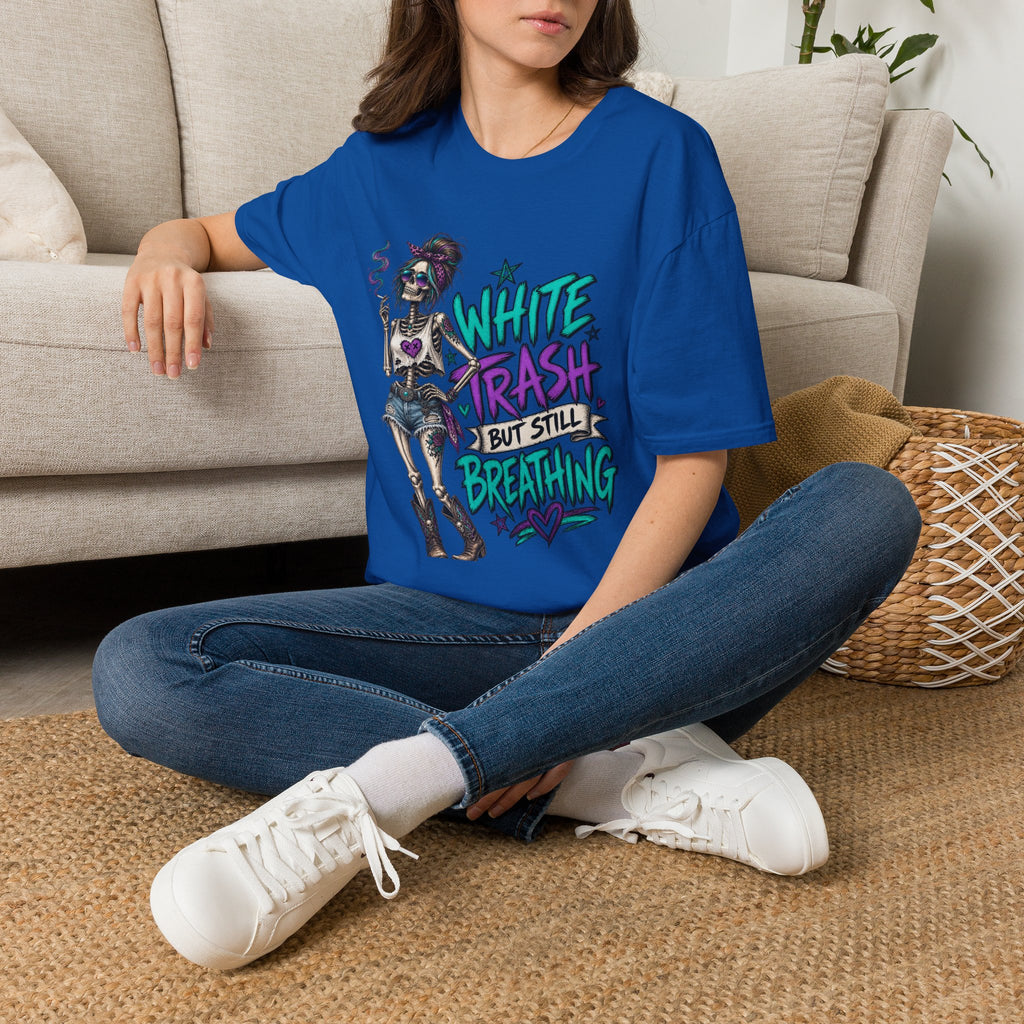 White Trash But Still Breathing – Teal & Purple Skeleton Graphic Tee