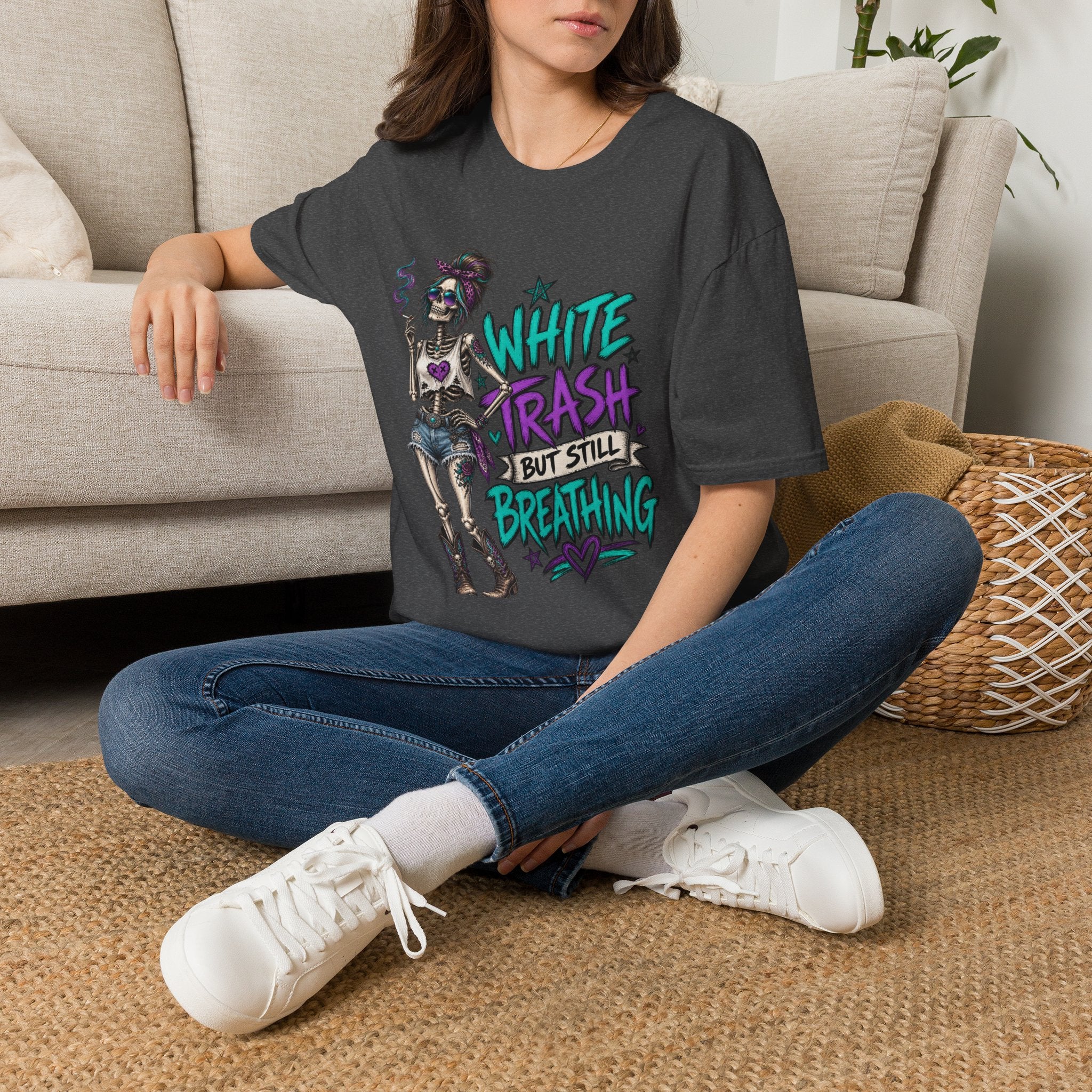 White Trash But Still Breathing – Teal & Purple Skeleton Graphic Tee