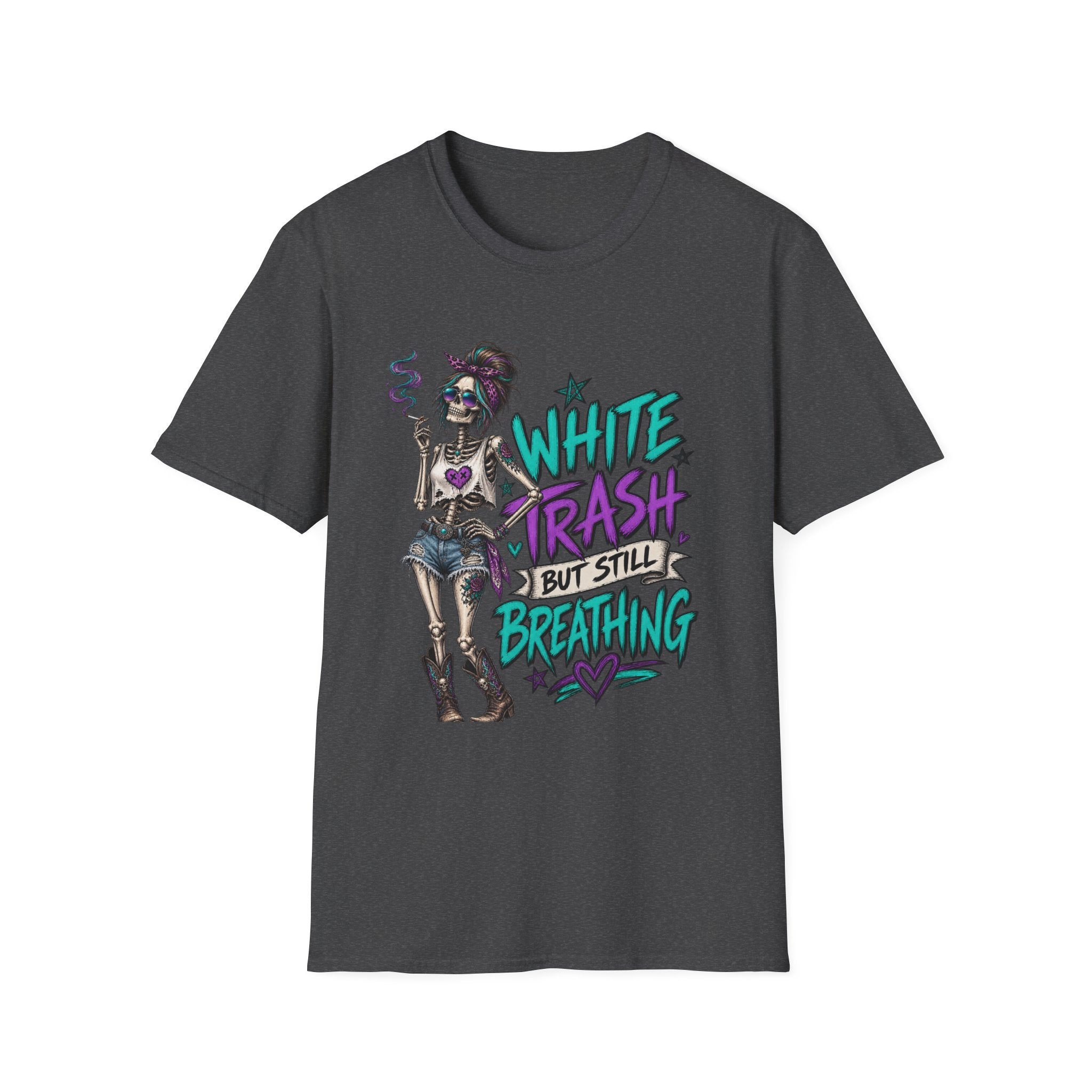 White Trash But Still Breathing – Teal & Purple Skeleton Graphic Tee