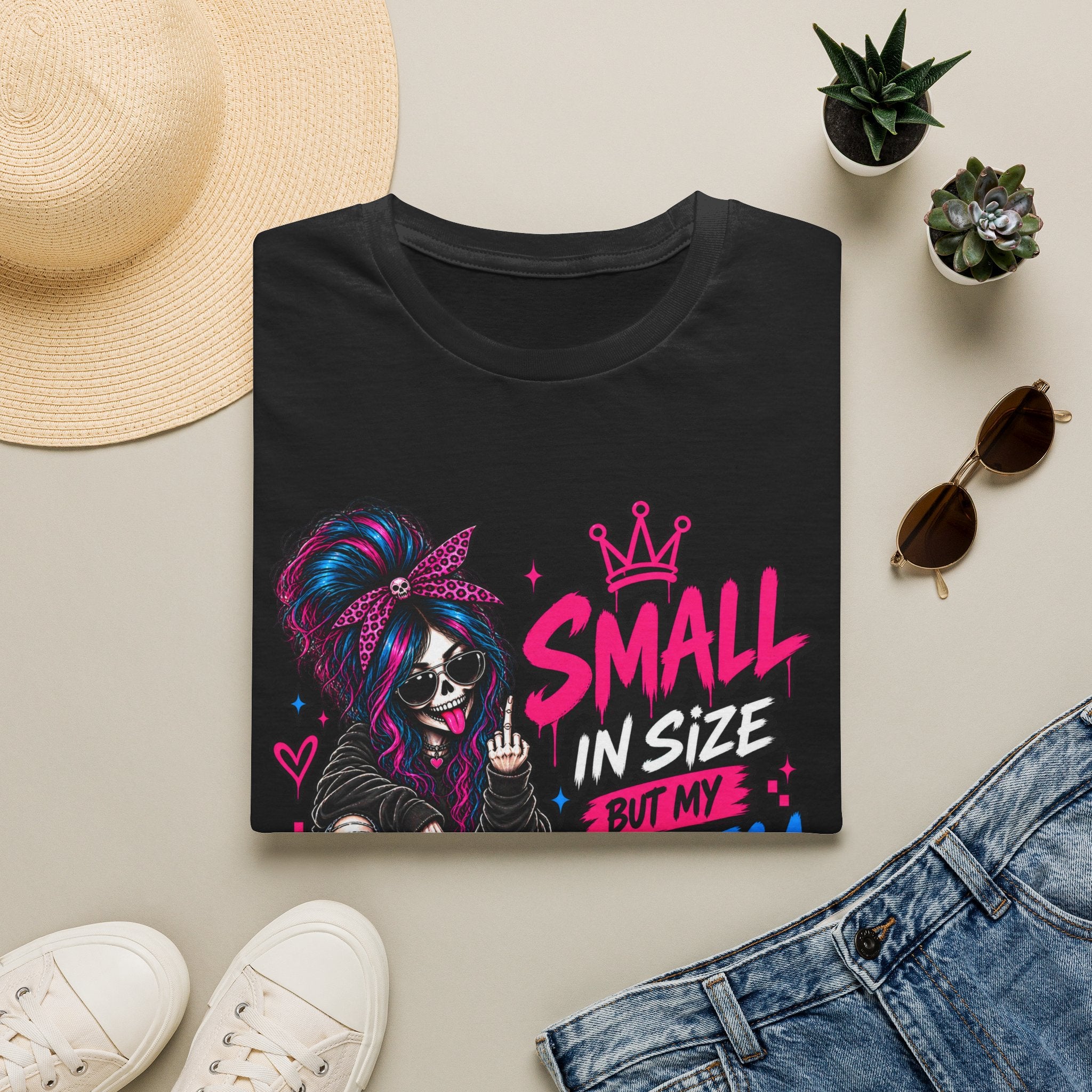 Small in Size But My Attitude’s a Surprise T-Shirt | Goth Skeleton Girl Graphic Tee | Alternative Dark Humor Shirt